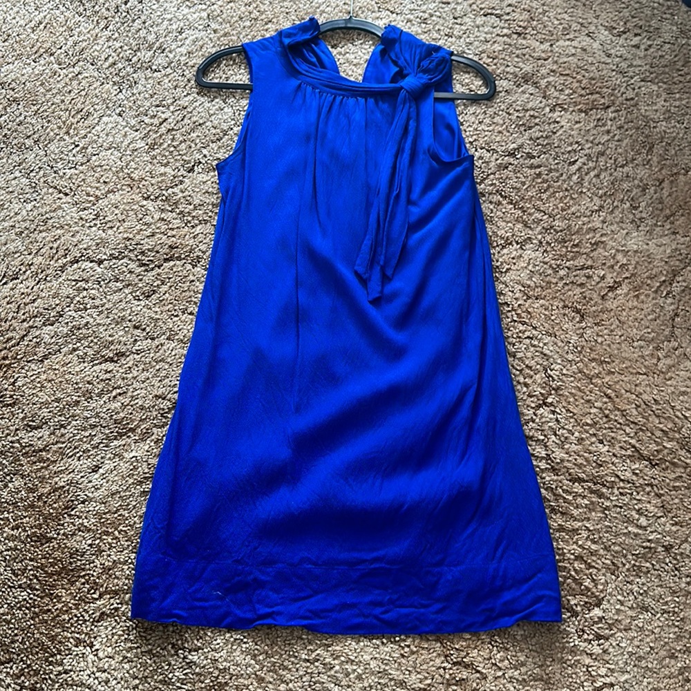 Blue shift mini dress with bow neck detail